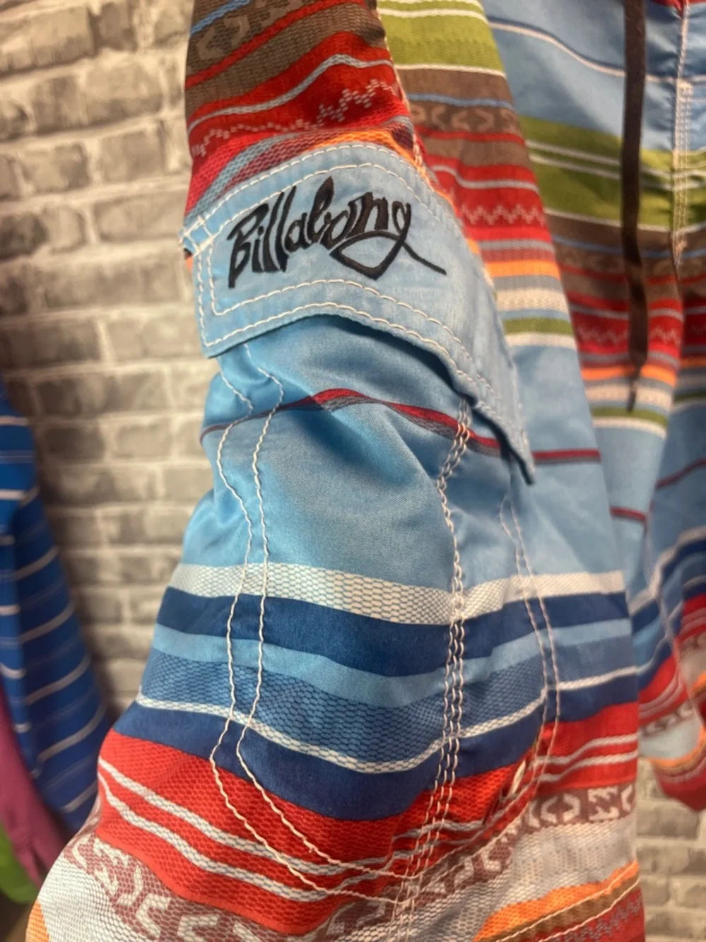 Billabong Men’s Blue,‎ Red & Green Striped Board Shorts